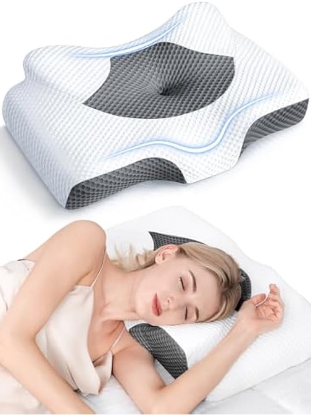 Ergonomic Contour Neck Pillow - White and Gray Support